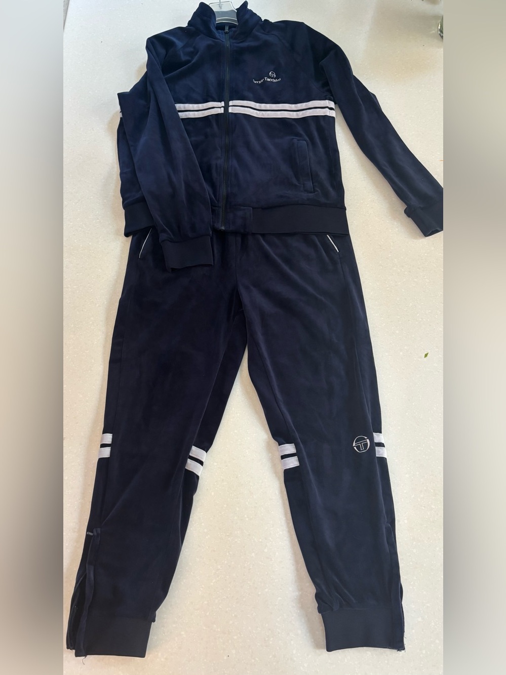 Sergio Tacchini Navy Velour court track suit Jacket pants Stripe Italian sporty